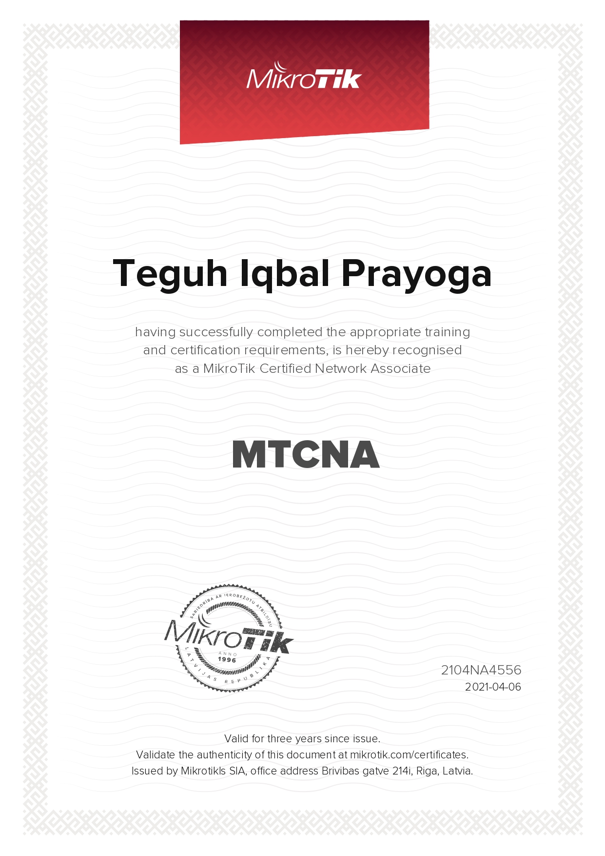 Sertifikat Teguh Iqbal Prayoga