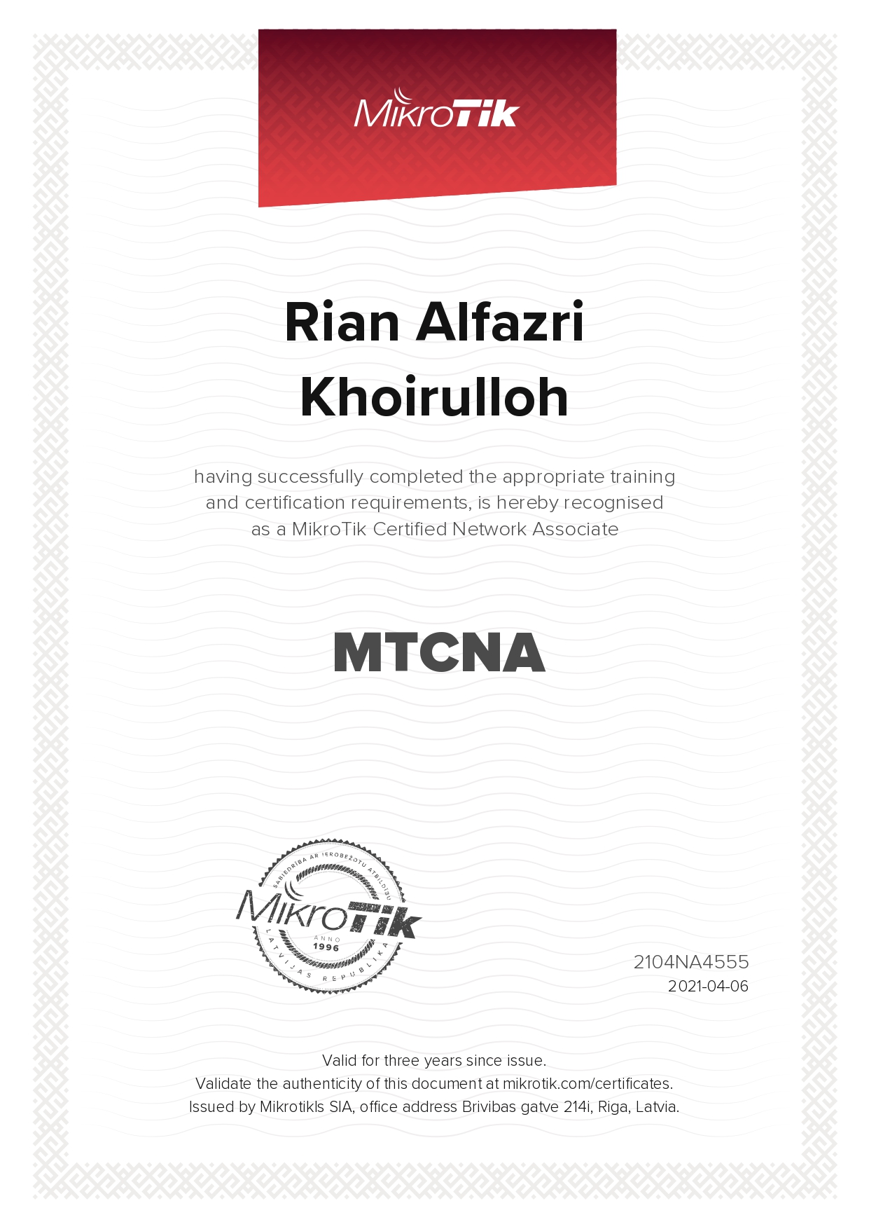 Sertifikat Rian Alfazri Khoirulloh